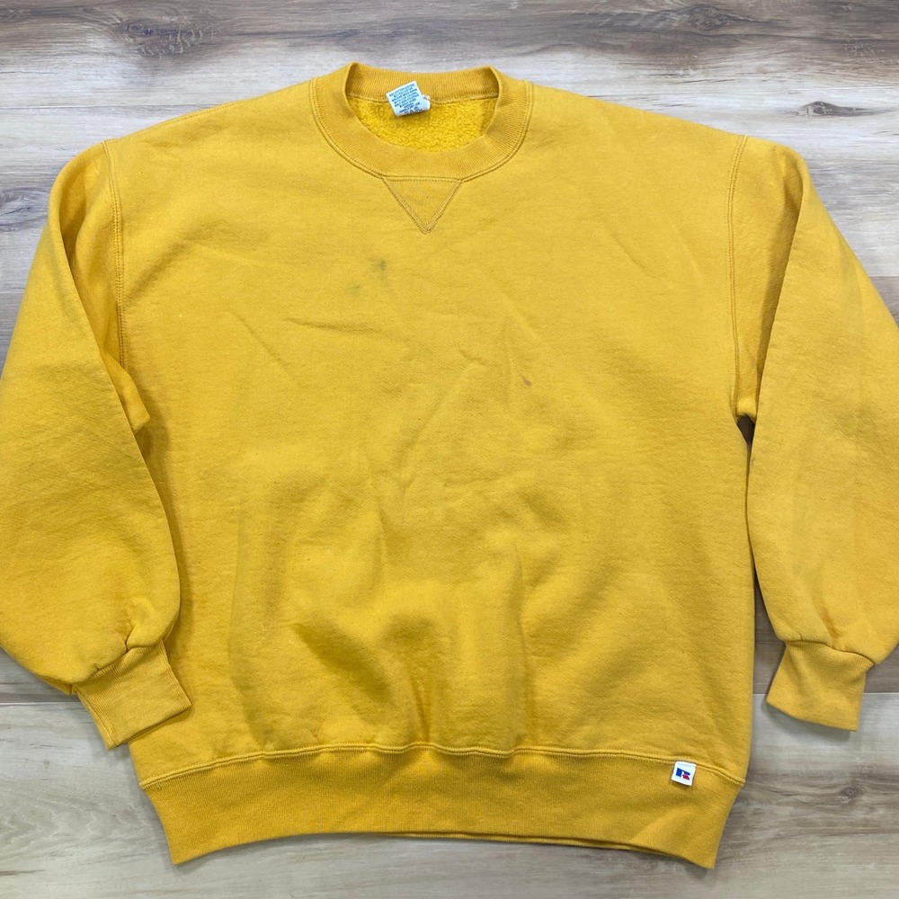 Russell Athletic Sweatshirt L Vintage Blank Cotton Blend Yellow Made in USA 90s